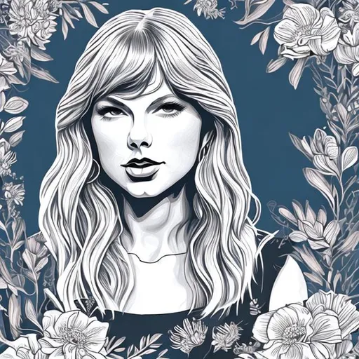 Prompt: hand drawn illustration of Taylor swift with beautiful floral background