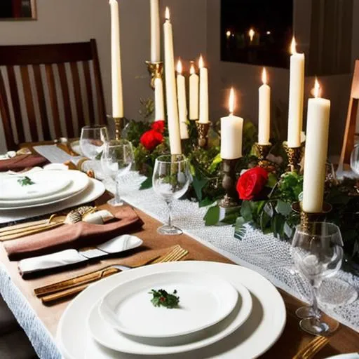 Prompt: A portrait of a table set for a candlelit dinner at night