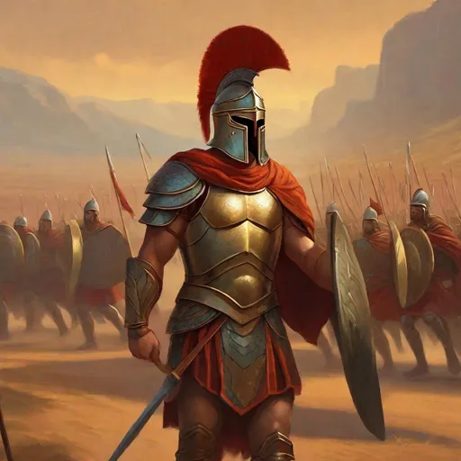 Prompt: A young spartan general. He wears a hoplite armor. He has his helmet under an arm. In background his army marching. D&d art. 2d art. 2d. Well draw face. Detailed. 