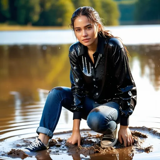 Prompt: photo of young woman, soaking wet clothes, sneakers, long jeans, black button-down sweater,  , muddy lake,   enjoying, water dripping from clothes, clothes stuck to body,  detailed textures of the wet fabric, wet face, wet plastered hair,  wet, drenched, professional, high-quality details, full body view.