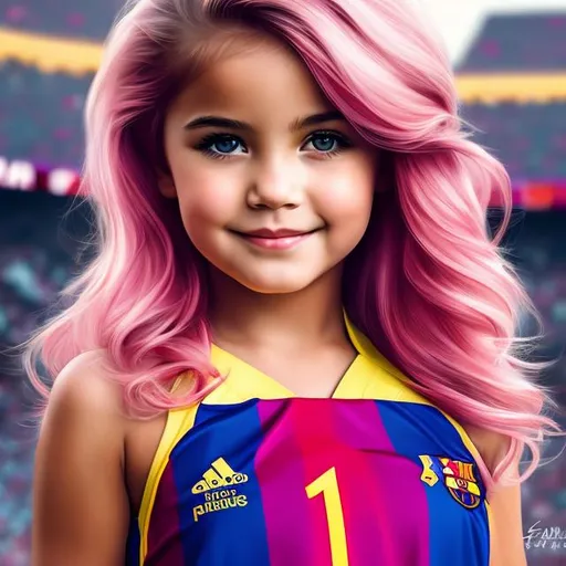 Prompt: Full body Portrait of { Beautiful naughty girl } with {pink} hair and with cute face, {At the Spanish FC Barcelona stadium}, full body, perfect composition, hyperrealistic, super detailed, 8k, high quality, trending art, trending on artstation, sharp focus , Realistic background image hd, intricate details, highly detailed.