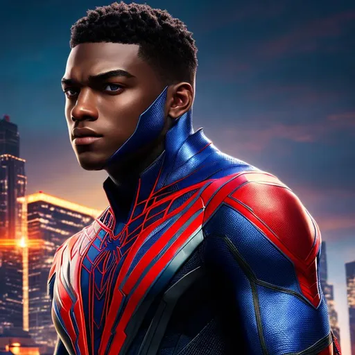 Prompt: High resolution hyperrealistic dynamic image of young avenger patriot merged with miles morales, symmetrical detailed photorealistic face, red and white and blue costume highly detailed, cinematic, uhd, hdr, 64k