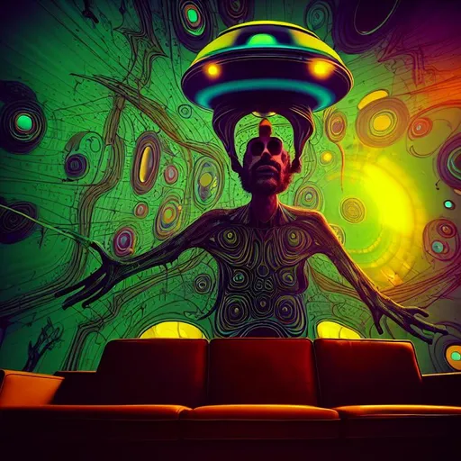 man sitting on his couch as his head explodes into a... OpenArt