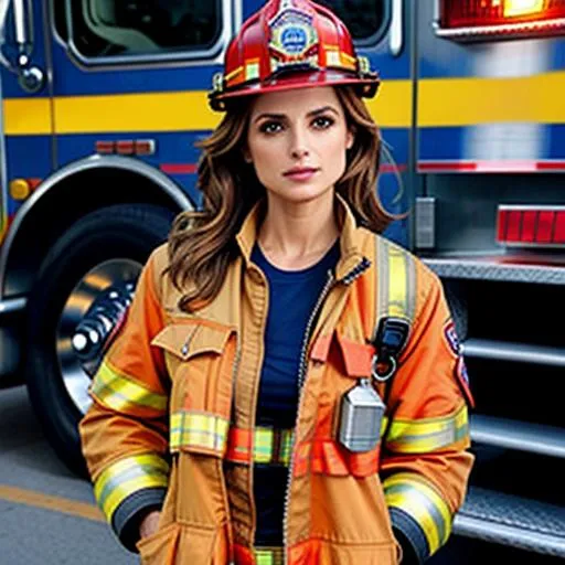 Prompt: Stana Katic as super hot firefighter open unbuttoned