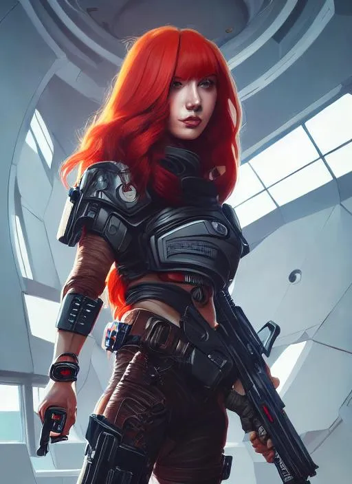 Prompt: Portrait of female bounty hunter with red hair, cute face, smooth clean face, futuristic background, full shot,  perfect composition, hyperrealistic, super detailed, 8k, high quality, trending art, trending on artstation, sharp focus, studio photo, intricate details, highly detailed, by greg rutkowski