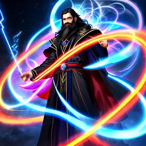 Prompt: A human Archmage wearing prismatic sorcerer robes, with red lightning coming out of his hands, black hair, blue eyes, very long black beard.