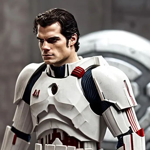 Prompt: henry cavill, short undercut hair, scifi armor,  clone trooper, gold, white, red