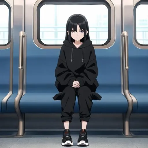 Prompt: girl with black hoodie black hair on the subway, baggy pants, sitting on the metro, cross legged, looking into the camera, long shot, full body, front view
