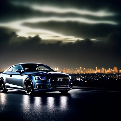 Prompt: A dark grey Audi S5 sitting on the side of the road, overlooking a city skyline at night during a storm