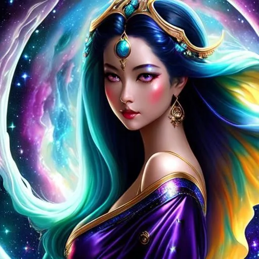 Prompt: Cosmic Epic Beautiful Nebula (Beautiful melancholy {goddess}female liquid satin}, Beautiful and Gorgeous