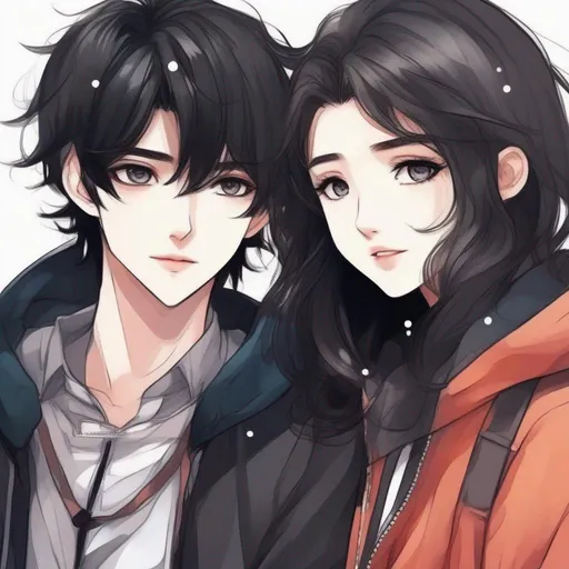 Prompt:     anime boy manhwa style cute and pretty, with eye pretty detailed , with black hair,  Bright style, With his partner a girl, Korean style