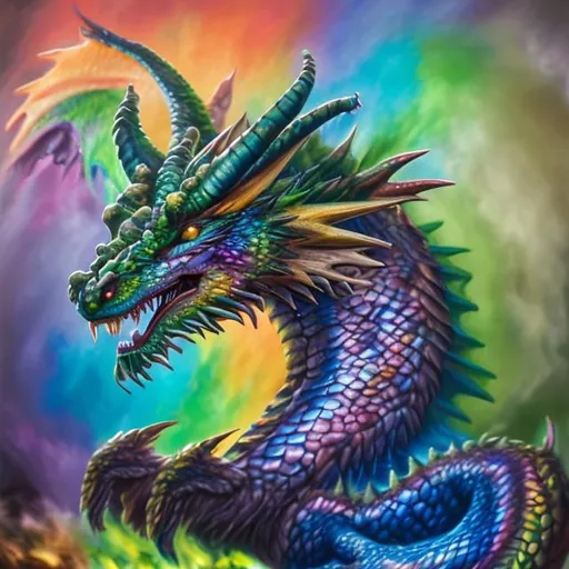 Prompt:  (Realistic photo, professional photo, oil panting) Rainbow dragon with 4 heads and 4 tails all with a different elemental power