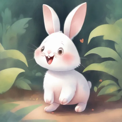 Prompt: a children's book illustration of young white bunny with pink cheeks, and an excited expression