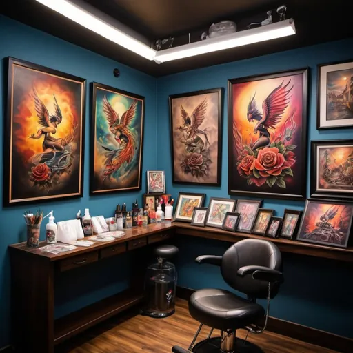 Prompt: Fantasia tattoo studio interior, realistic oil painting, vibrant and colorful, intricate tattoo designs on display, skilled tattoo artists at work, warm and inviting ambiance, high quality, realistic, vibrant colors, detailed tattoo art, professional, atmospheric lighting