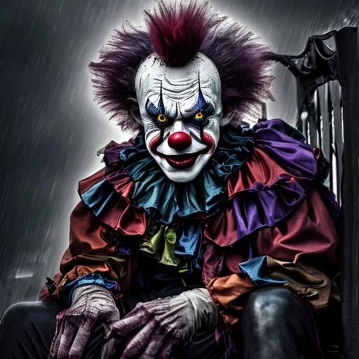 Prompt: bangs in a clown mask, a dark ravenous clown, a knife in his hand, sitting by a bench, a thunderstorm at night, calm down, a ball on the other hand, realistic, a dark clown, bloody eyes, dark clothes
