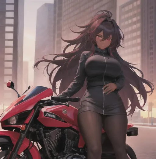 Prompt: dark skin, A girl with dark skin and red eyes , red long messy hair, . open biker red jacket with black red bra, standing in front of a motor bike, very tall and curvy, city background, playing with hair