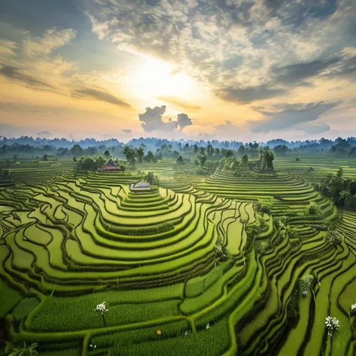 Prompt: In the tranquil countryside of Indonesia, a picturesque scene unfolds. As the sun begins to rise, its warm rays gently paint the pale blue sky adorned with wisps of white clouds. Vast stretches of vibrant green rice fields come into view, the carefully cultivated paddies thriving with life. The symphony of nature and tradition reveals itself in the sight of traditional Indonesian houses, their elegant thatched roofs and wooden structures harmonizing with the landscape. Some of these houses feature open terraces adorned with intricate bamboo weavings, where villagers gather to share stories and laughter.
