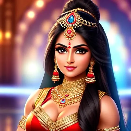 Prompt: an indian cute  muscular goddess posing to the camera wearing a dazzling dress with hairs wide open beautiful and smoot face , realistic effect 
