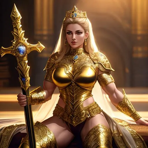 Prompt: Woman, stunning, muscular, strong, fit, queen, paladin, wearing a golden armor, holding a divine sword, fantasy, UHD, 8k, high quality, ultra quality, perfect composition, trending art, trending on artstation, sharp focus, studio photo, intricate details, cinematic lighting, special effects, hyper realism, hyper realistic, Very detailed, oil painting, full body
