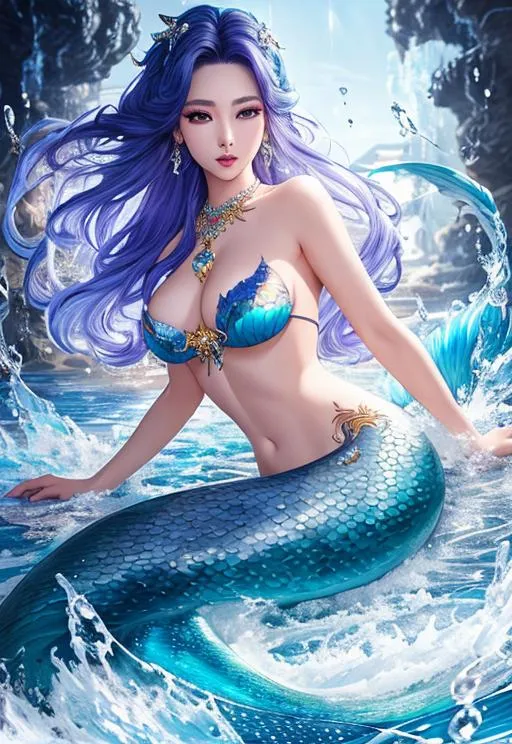 Prompt: masterpiece, mermaid, splash art, ink painting, beautiful kpop idol, perfect beautiful cute face, perfect proportions, perfect body, intricate hyperdetailed hair, light makeup, sparkling, highly detailed, intricate hyperdetailed shining pupils, full body, lean, sweat, anxious, by Paul “RiotZeronis” Kwon

HDR, UHD, high res, 64k, cinematic lighting, special effects, hd octane render, professional photograph, studio lighting, trending on artstation, bokeh