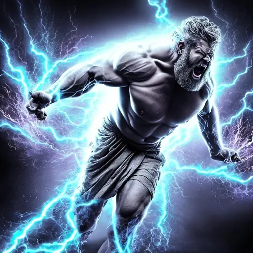 Prompt: Zeus angry walking with energy coming out only body no background black background 