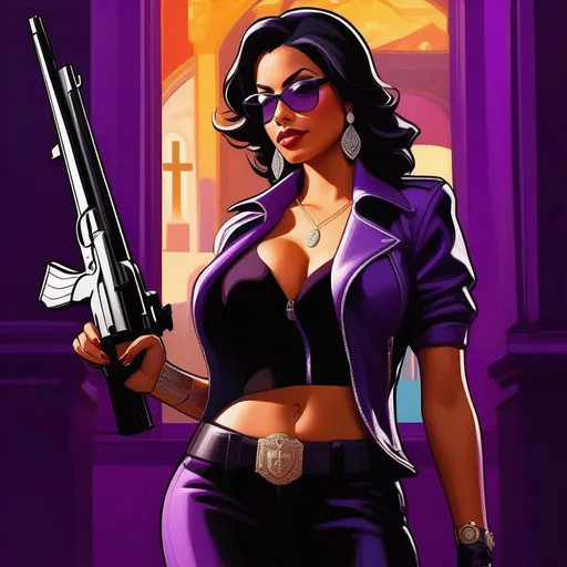 Prompt: Latina woman in Saints Row, guns, cartoony, purple atmosphere, extremely detailed painting by Greg Rutkowski and by Henry Justice Ford and by Steve Henderson