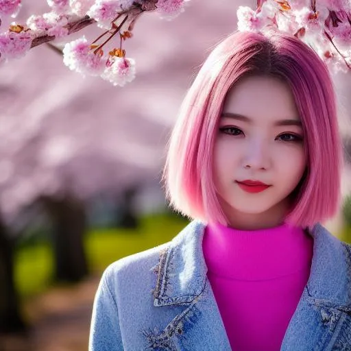 Prompt: 18 years old cute and beautiful girl, hi res, photography, realistic, high details, facial details, messy stray hair bob fringe pink and silver, slim body, f-cup size, kneeling down in snowry winter cherry blossoms, hyperdetail, 4k, 8k, sunny day, pastel soild and sharp colour, backlit