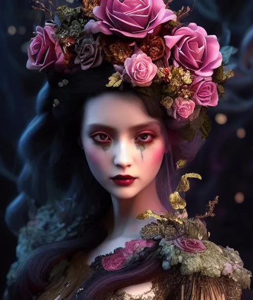 Prompt: young maiden #3238 woman, wearing gown of decaying roses | fantasy, hyper-detailed, accurate anatomy, symmetrical facial features, sharp focus, volumetric lighting, 16k | karol bak, yoshitaka amano, tom bagshaw, aurora, zbrush cel-shaded, cgsociety | ethereal beautiful astral vaporwave storybook illustration, steampunk