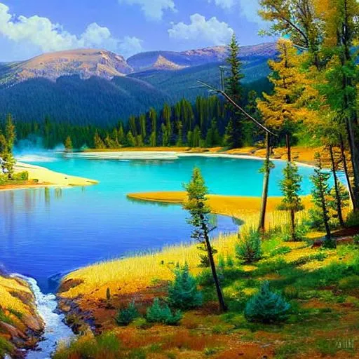 Prompt: Create a landscape painting of Yellowstone on a sunny and bright day in the style of Peder Mork Monsted.