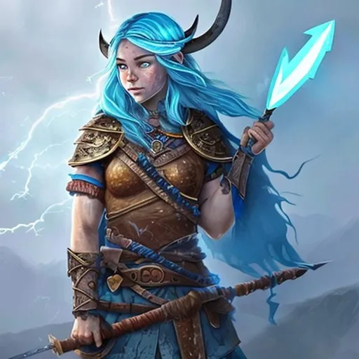Prompt: Viking female with blue hair and blue gem freckles, is a drakewarden ranger with a long bow that shoots lightning