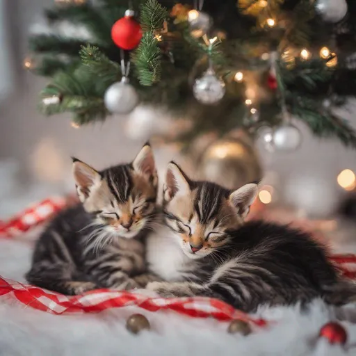 Prompt: kittens sleeping under a christmas tree