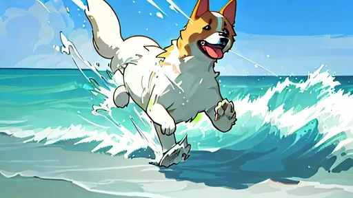 an illustration of a dog who is running on the beach on a warm bright sunny day with the waves crash