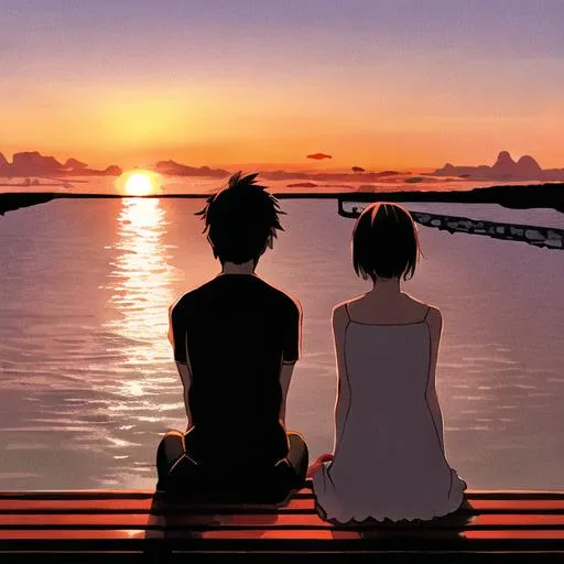 Prompt: Boy and girl on a bench in the sunset viewing from behind