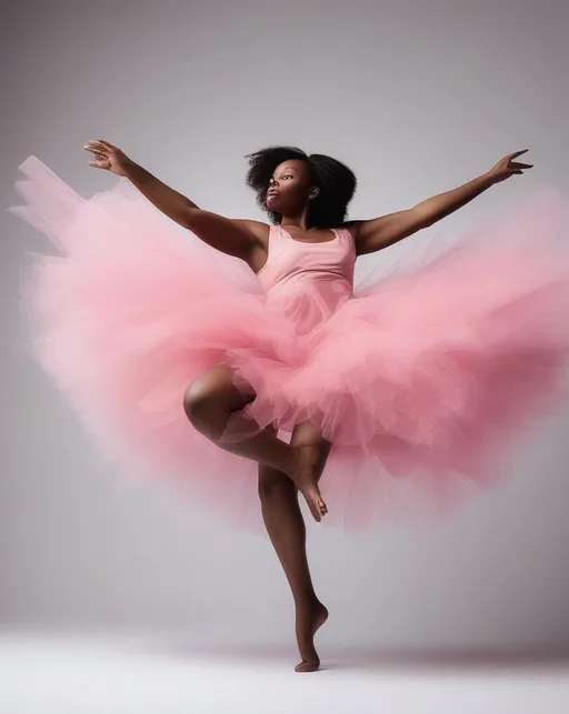 Prompt: A beautiful black girl dressed in pink tulle  against a white background leaps across a stage, arms extended like wings, representing themes of empowerment and being true to oneself from Dean Atta's The Black Flamingo