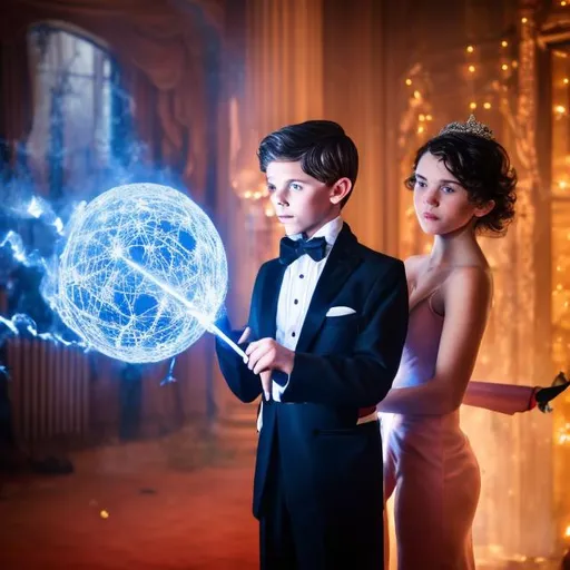 Prompt: Boy in a tuxedo casting a magic spell with his magic wand shaped like a stick about 3 inches long and standing next to his girlfriend who is in a big red puffy sparkly ball gown at prom