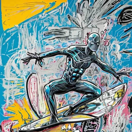 Prompt: marvel silver surfer on surfboard, in space, Jean-Michel Basquiat style, pastel color pop