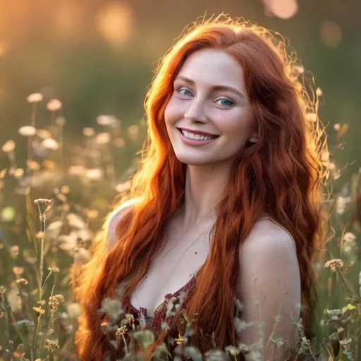 Prompt: highly detailed beautiful 30 year old woman, long lucious red hair and clear emerald eyes, meadow, colorful wildflowers, modern, soft lighting, smiling, joyous, 105mm, Creative Bokeh, Close Up – long focal length, low-angle, 3d ray tracing, daytime background, golden hour, direct backlighting, rim lighting, outdoor lighting, subsurface scattering unreal engine 5, octane render, trending on artstation, deviantart, brown tones, 4k, cute freckles, seductive, fashionable,