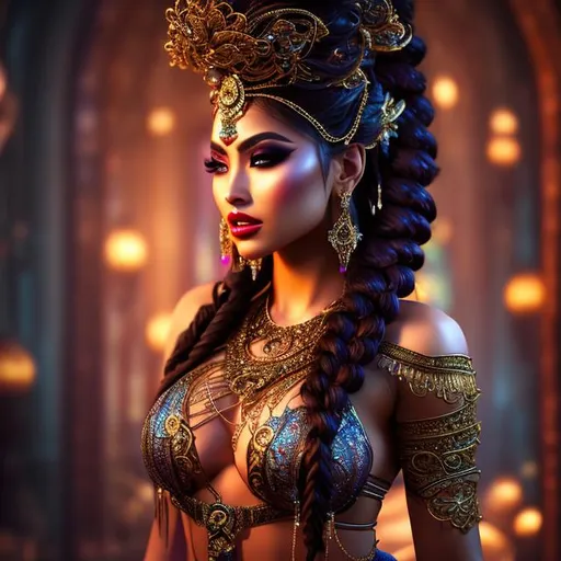 Prompt: Gorgeous, stunning, beautiful, otherworldly muscular Yuan-Ti goddess with long braided hair wearing a body chain and belly dancer costume, full body, centered, fantasy setting, cinematic, colorful background, concept art, dramatic lighting, highly detailed, hyper realistic, intricate sharp details, octane render, smooth, studio lighting, trending on art station, 8k, HDR, unreal engine, emotive, cgi, animated 