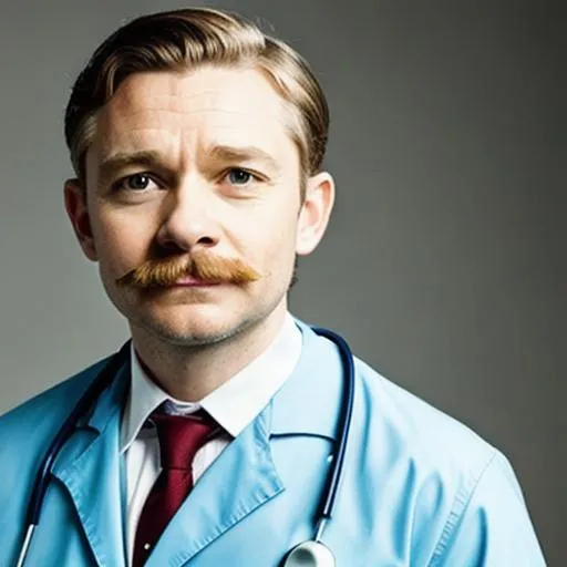 Prompt: Martin Freeman with a vintage moustache as a medical doctor