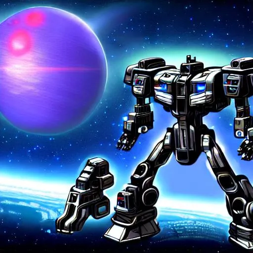 Prompt: Cybertron, Gobotron, Mechtronopolis, based planet floating in deep outer space