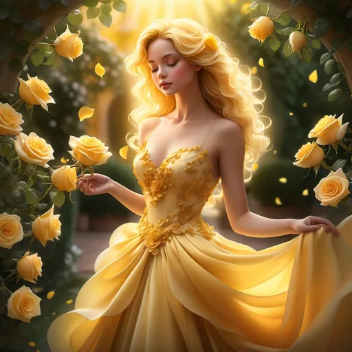 Prompt: Yellow rose personified as an elegant lady, adorned in a flowing gown that mimics delicate rose petals, warm golden hues illuminating her silhouette. Her hair cascades like lush rose leaves, surrounded by soft, radiant light. The background features a dreamy garden, blooming flowers, and sunlight streaming through, creating a cheerful and enchanted atmosphere. Ultra-detailed, high-quality, ethereal image.