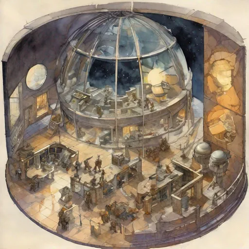 Prompt: isometric dnd battle map,night time, an observatory, interior, equipment all over the room, big glass windows, large telescope, watercolor by Frank Frazetta ssor 16:0 sav 5
-- 750 --q 2 - 