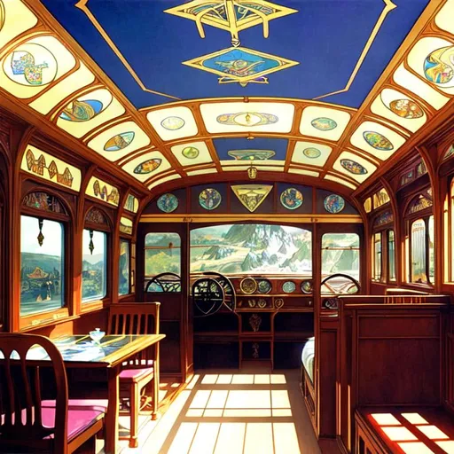 Prompt: [two point perspective][establishing shot; interior]
seated across the rune-covered table of her well-shaded art nouveau-styled sleeper-car school bus conversion is Morgan, corpulent Oracle of Limbo, explaining your fortune in the arcane spread of antique Tarot cards laid out before you.
Alphonse Mucha, Maxfield Parrish, Edward Hopper, J C Leyendecker, N C Wyeth.