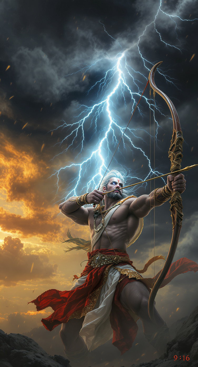 Bheeshma Raining Arrows Bhishma breaking his bow in front of sky, lightning...