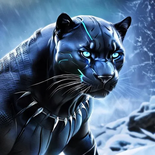 Prompt: HDR black panther that’s has glowing blue eyes and is in a icy place