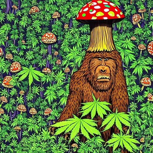 Prompt: Bigfoot on a giant mushroom surrounded by marijuana plants in a psychedelic style, surrounded by biblically accurate flying eyeballs