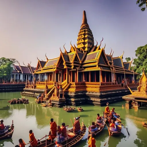 Prompt: A breath taking view of a beautiful Cambodian pagoda floating in the sunny sky crowded with magical people and Buddhist devotees and monks fantasy multi colourful 