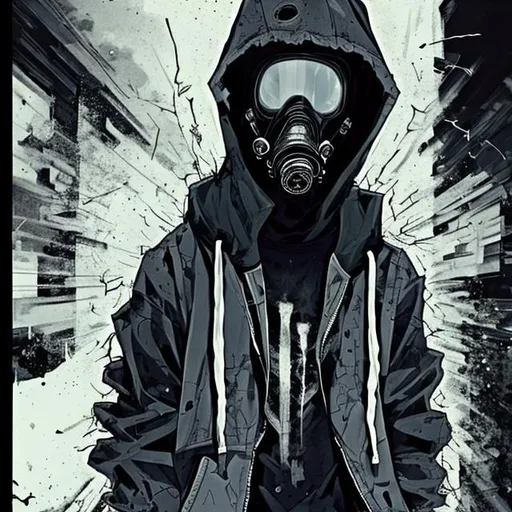 Prompt: A male ghost with black hair wearing a black hoodie with the hood up, a dark colored tattered lab coat on top, black ripped jeans and black combat boots, wearing a black gas mask with white shattered lenses. The style is semi-realistic manga. The color pallet is gray scale. The mood is a bit dramatic, very creepy, moody, dark, and mysterious with melancholic undertones.
