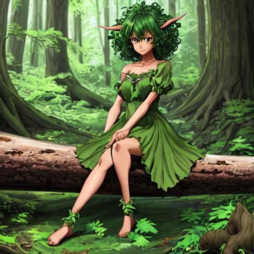 Prompt: anime-style earth nymph, with dusty chocolate skin and bright green eyes, and short curly forest green hair, wearing a green dress that flows around her ankles, sitting on a log in the forest