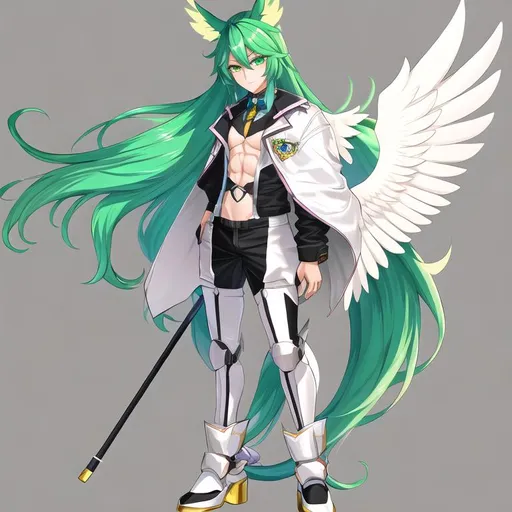 Prompt: Your OC is a small twisted pegasus-human bipedal animatronic hybrid, with focused emerald eyes. They identify as male, and have a high-pitched voice. standing on two legs, 
